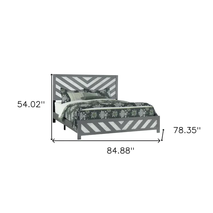 Gray And White Carved Geometric King Bed Frame