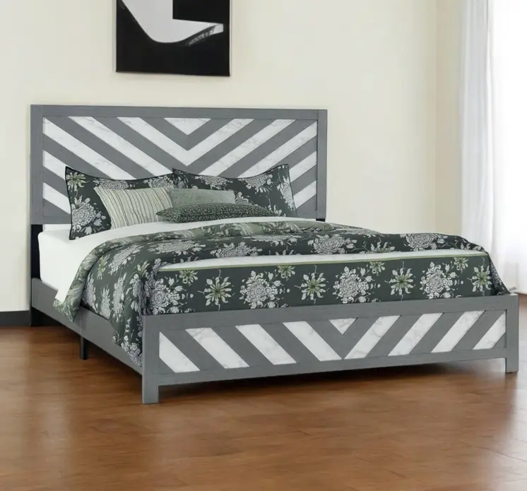 Gray And White Carved Geometric King Bed Frame
