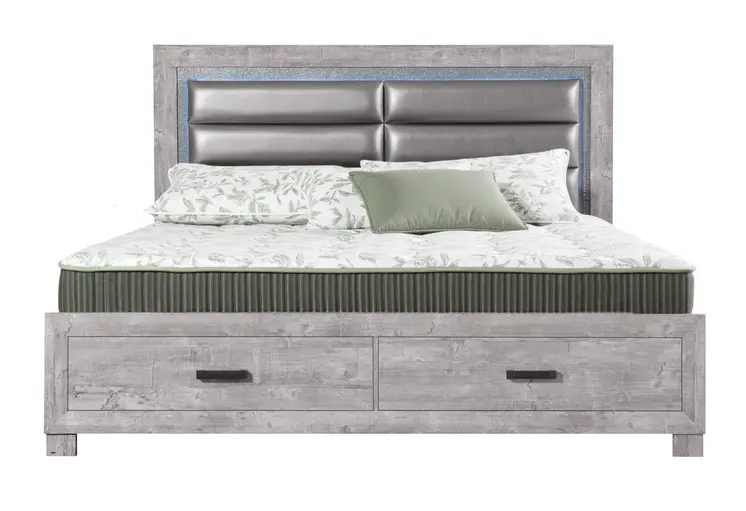 Gray Faux Crystal Bling Distressed Wood And Faux Leather Lighted King Bed Frame With Two Drawers