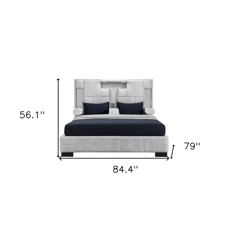 Gray Faux Crystal Bling Distressed Wood And Faux Leather Lighted King Bed Frame With Two Drawers
