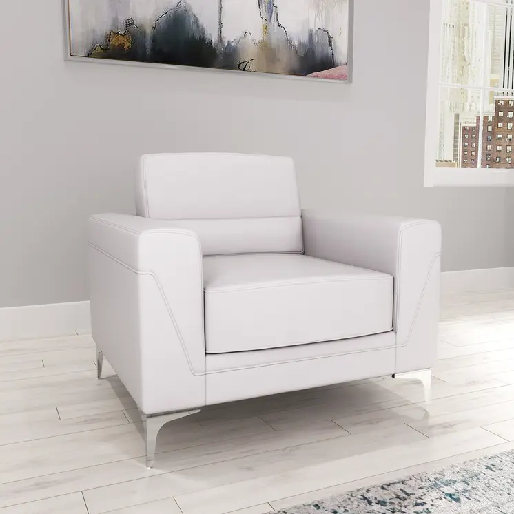 35" Light Gray and Silver Faux Leather Arm Chair