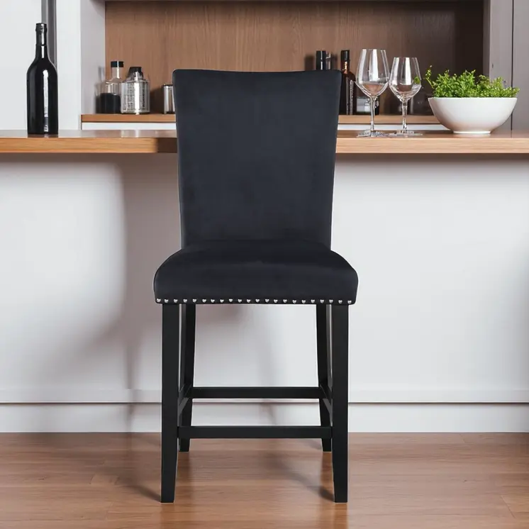 25" Black Wood and Velvet Counter Height Bar Chair