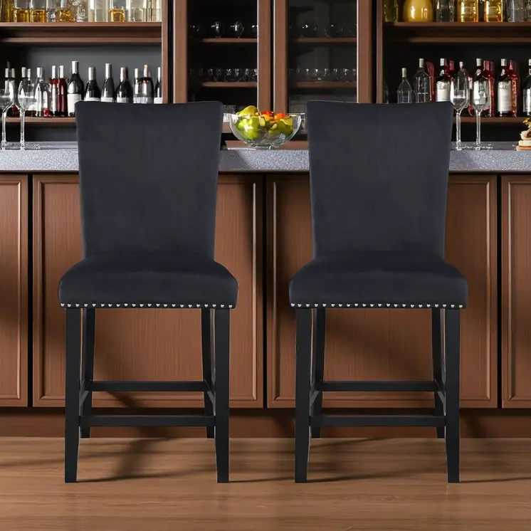 Set of Two 25" Black Wood and Velvet Counter Height Bar Chairs