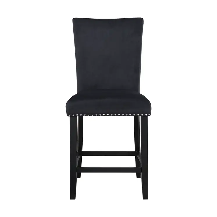 Set of Two 25" Black Wood and Velvet Counter Height Bar Chairs