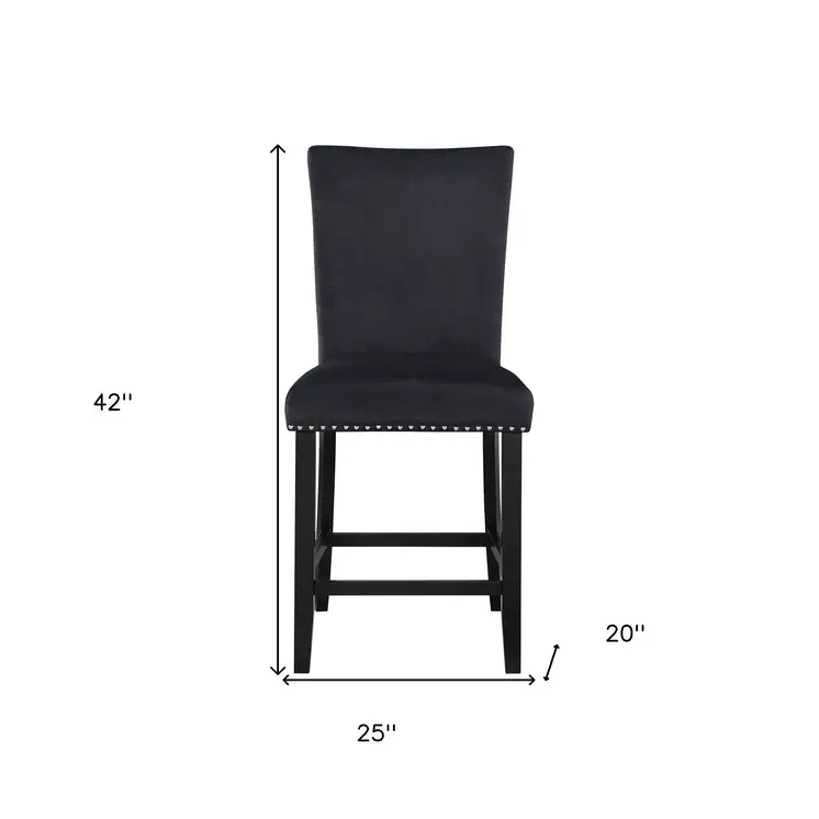 Set of Two 25" Black Wood and Velvet Counter Height Bar Chairs