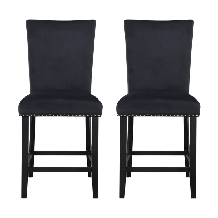Set of Two 25" Black Wood and Velvet Counter Height Bar Chairs