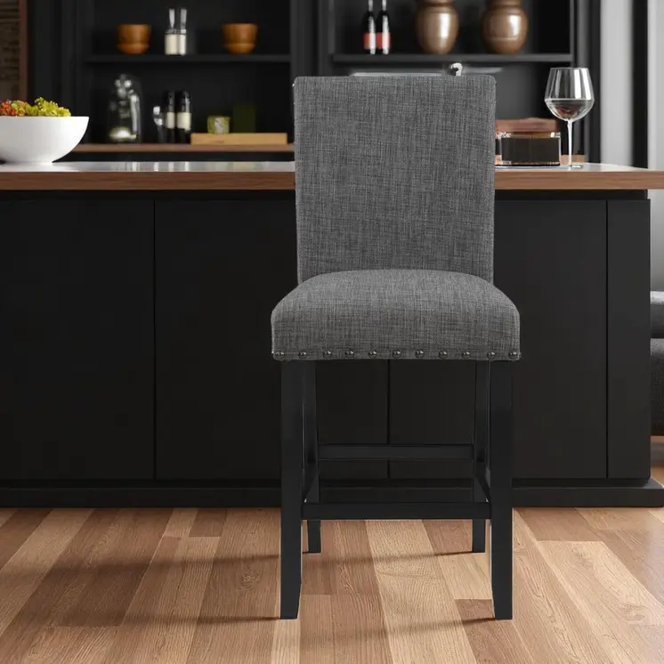 26" Gray and Black Wood and Fabric Counter Height Bar Chair