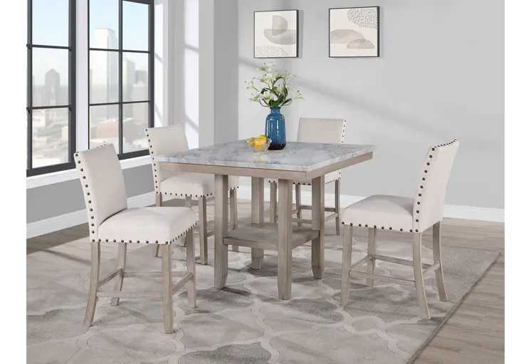 42" White and Natural Faux Marble and Wood Square Bar Table