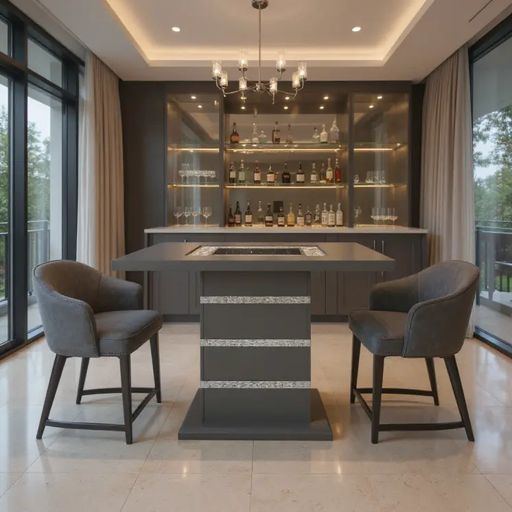 47" Dark Gray Silver And Black Glass Faux Crystal And Wood Square Bar Table