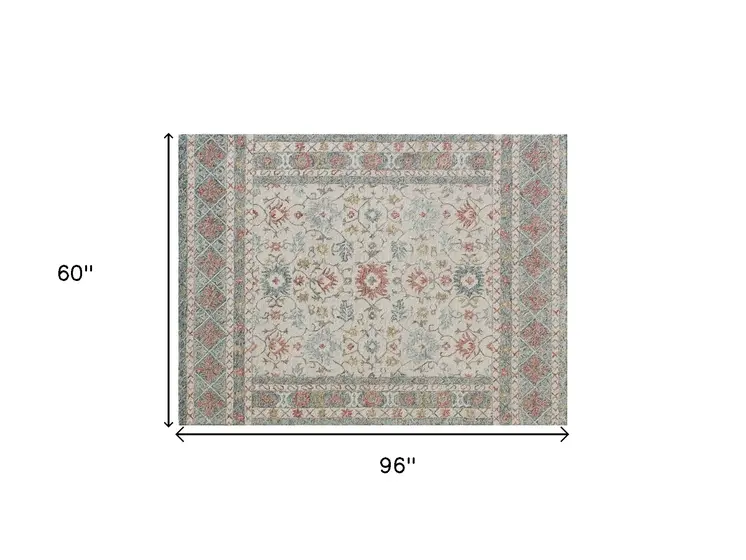 5' X 8' Ivory and Blue Wool Oriental Hand Tufted Non Skid Area Rug