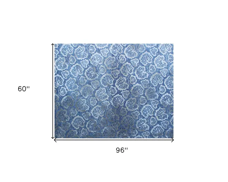 5' X 8' Denim Blue Wool Floral Hand Tufted Non Skid Area Rug