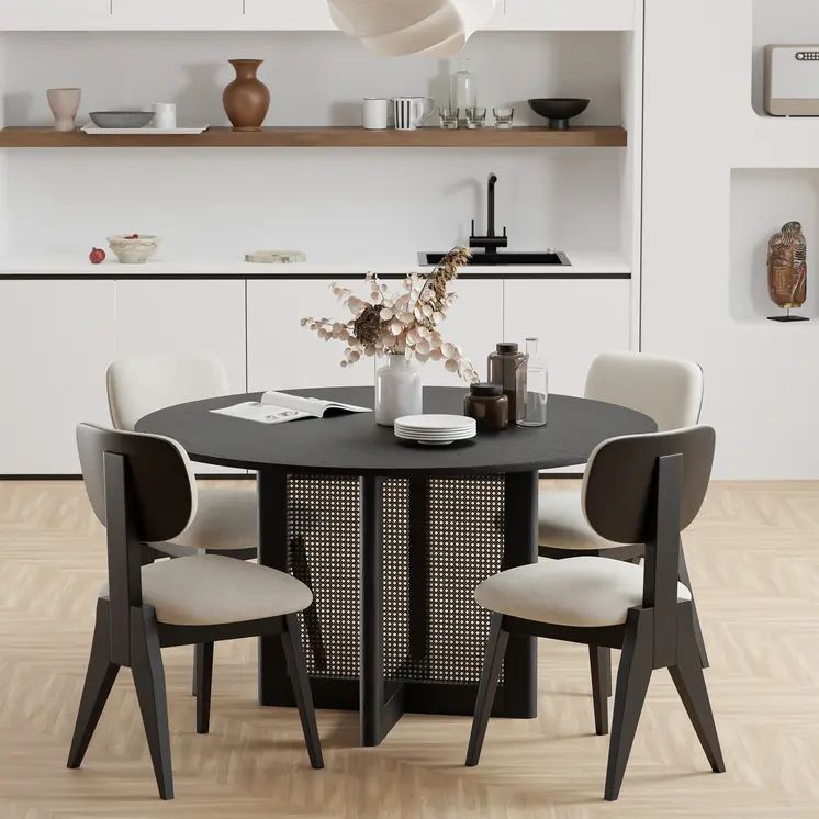Set of Two Beige And Black Upholstered Fabric Open Back Dining Side Chairs