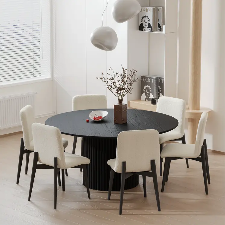 Set of Two White and Black Upholstered Boucle Dining Side Chairs
