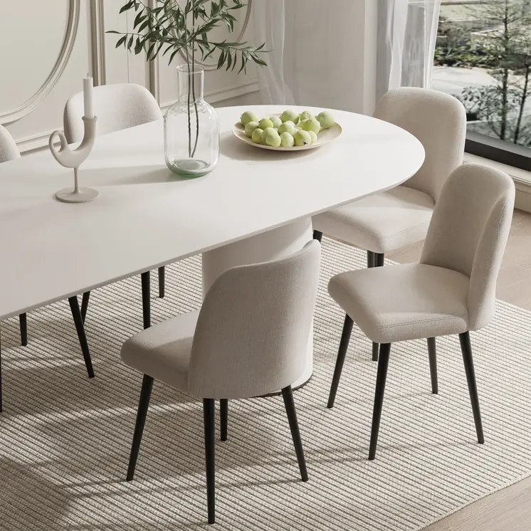 Set of Two Beige And Black Upholstered Fabric Dining Side Chairs