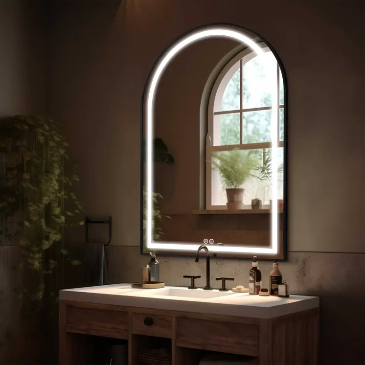38" Black Metal Arch Lighted Bathroom Vanity Mirror