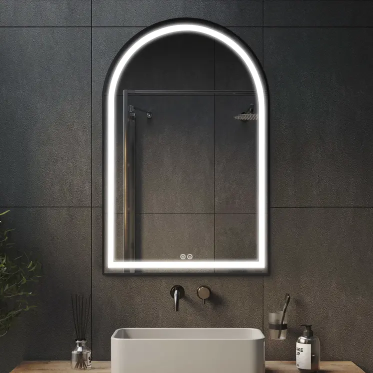 38" Black Metal Arch Lighted Bathroom Vanity Mirror