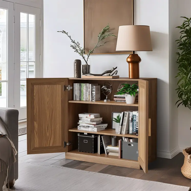 31" Natural Textured Door Accent Cabinet With Three Shelves