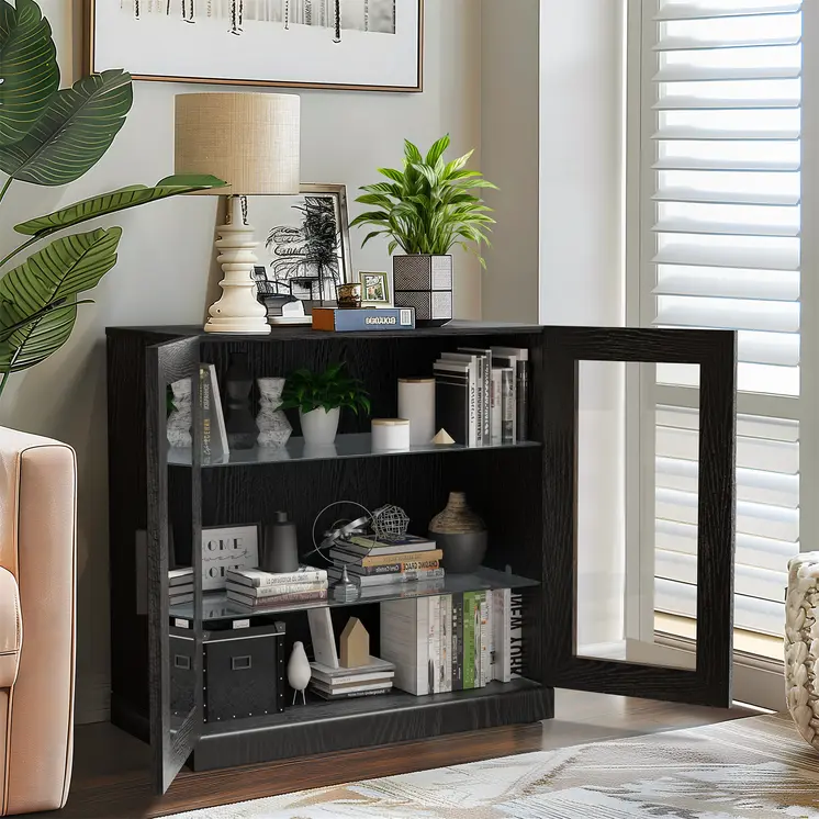 31" Black And Clear Glass Door Accent Cabinet With Three Shelves