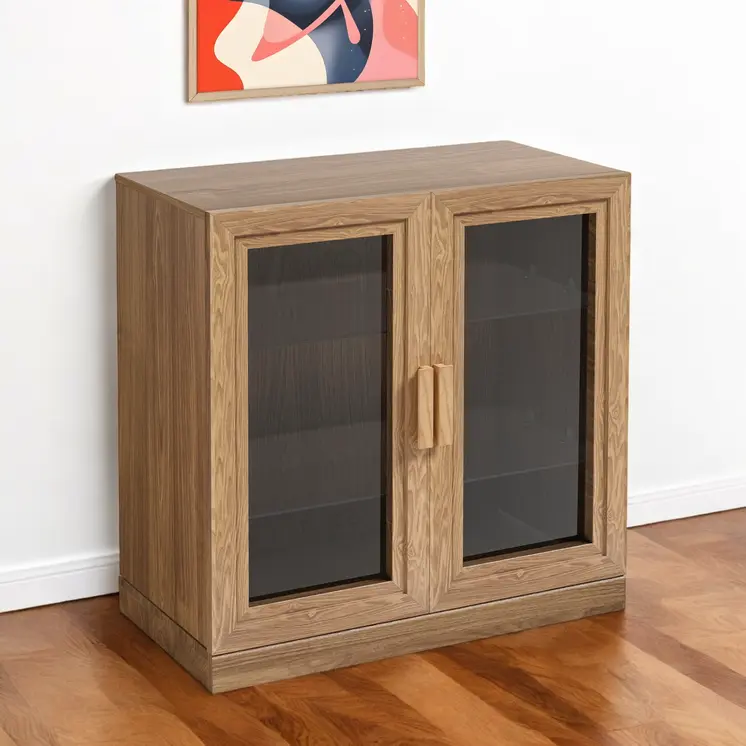 31" Natural And Clear Glass Door Accent Cabinet With Three Shelves