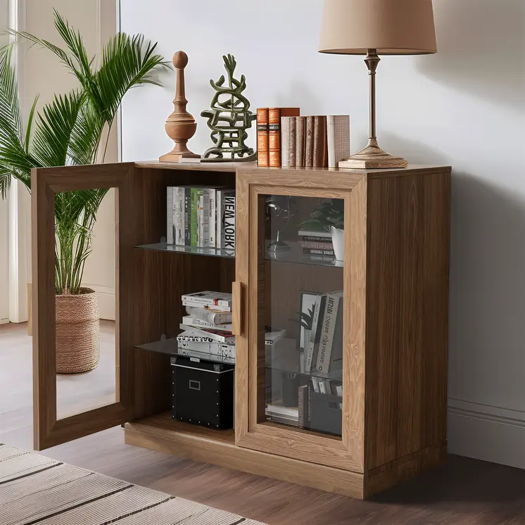 31" Natural And Clear Glass Door Accent Cabinet With Three Shelves