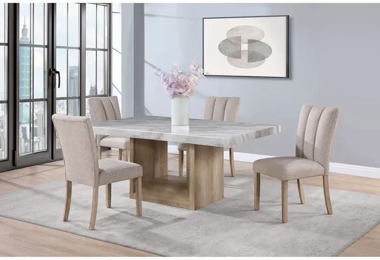 70" White and Natural Faux Marble and Wood Pedestal Base Dining Table