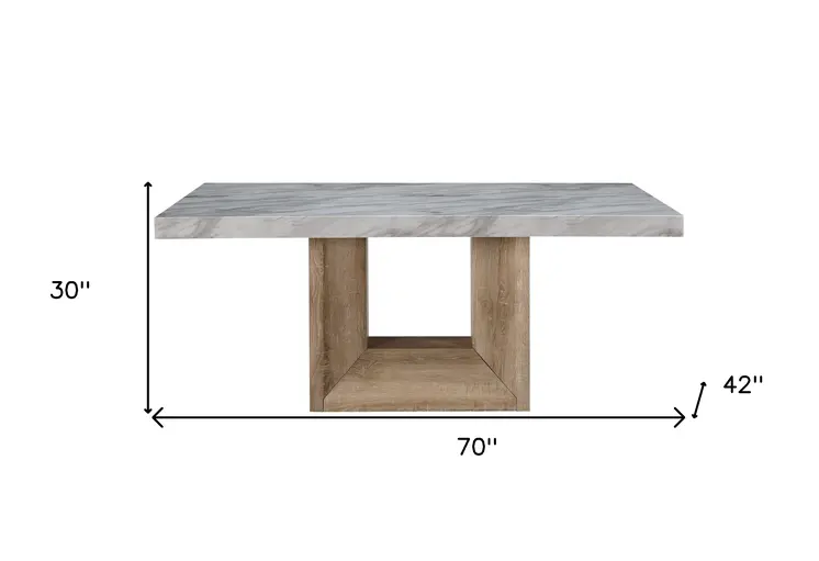 70" White and Natural Faux Marble and Wood Pedestal Base Dining Table
