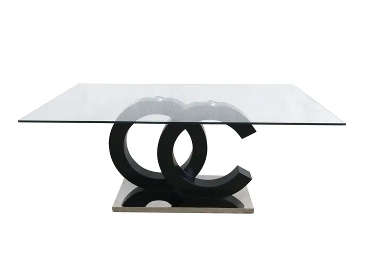 71" Clear and Silver Glass Wood and Stainless Steel Pedestal Base Dining Table