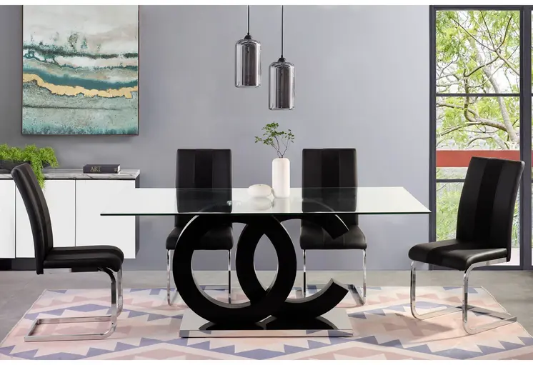 71" Clear and Silver Glass Wood and Stainless Steel Pedestal Base Dining Table
