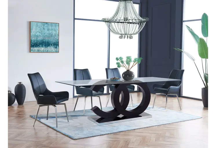 71" Clear and Silver Glass Wood and Stainless Steel Pedestal Base Dining Table