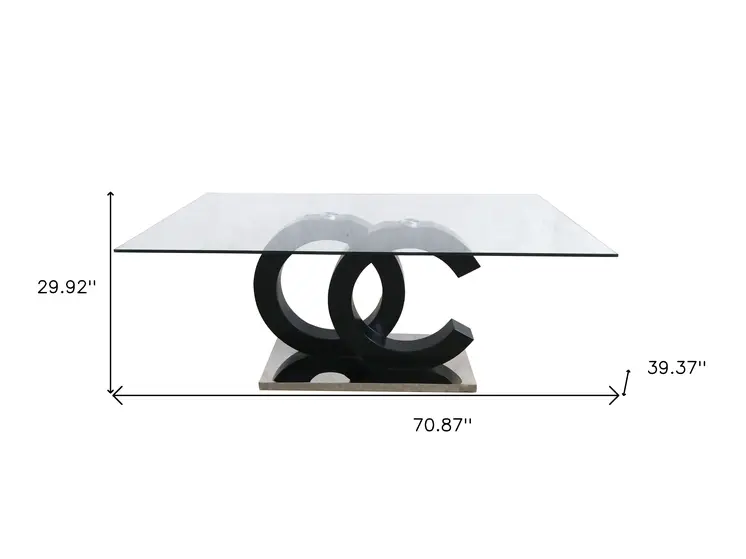 71" Clear and Silver Glass Wood and Stainless Steel Pedestal Base Dining Table