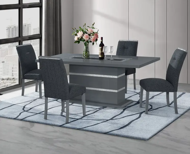 79" Dark Gray Faux Crystals Glass and Wood Pedestal Base Dining Table