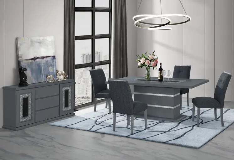 79" Dark Gray Faux Crystals Glass and Wood Pedestal Base Dining Table