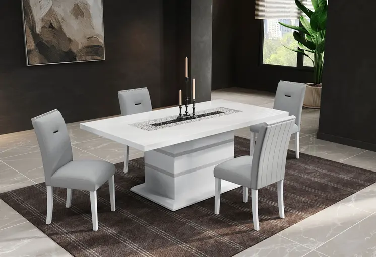 79" White Faux Crystals Glass and Wood Pedestal Base Dining Table