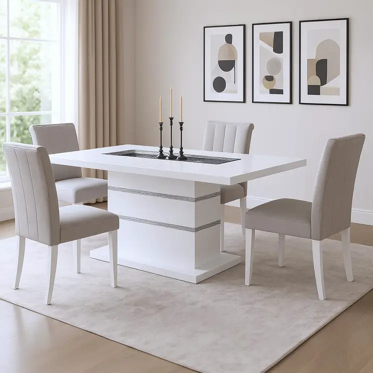 79" White Faux Crystals Glass and Wood Pedestal Base Dining Table