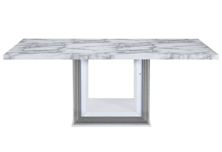 79" Light Gray and White Marble and Wood Pedestal Base Dining Table