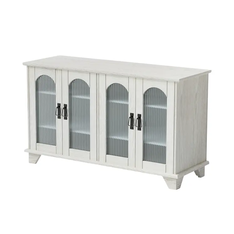 45" White Ribbed Textured Glass And Wood Enclosed Storage TV Stand