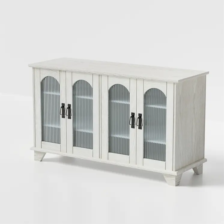 45" White Ribbed Textured Glass And Wood Enclosed Storage TV Stand