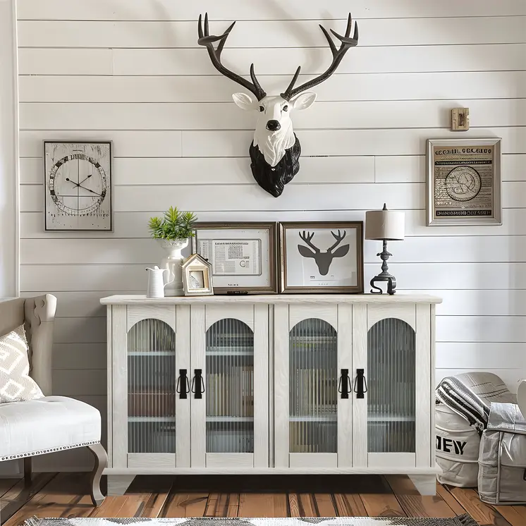 45" White Ribbed Textured Glass And Wood Enclosed Storage TV Stand