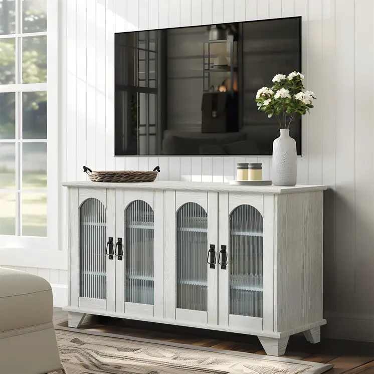 45" White Ribbed Textured Glass And Wood Enclosed Storage TV Stand