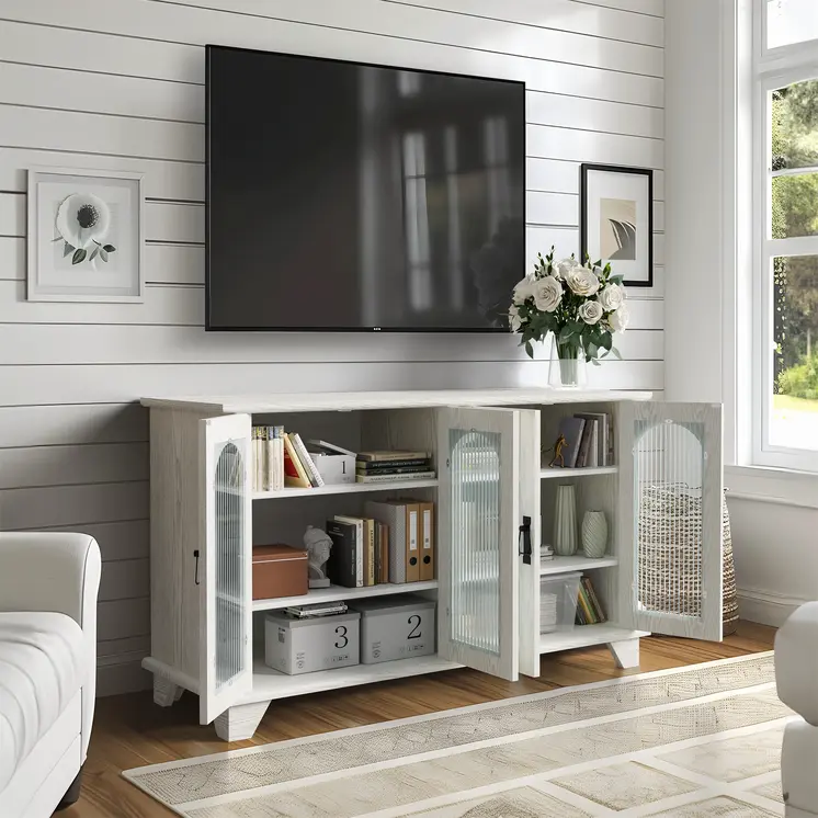 45" White Ribbed Textured Glass And Wood Enclosed Storage TV Stand