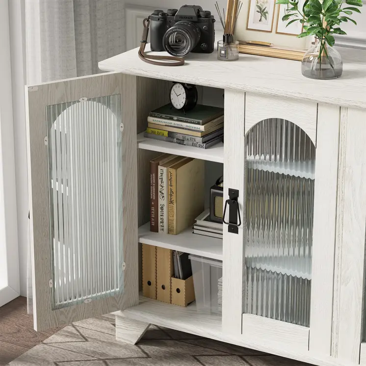 45" White Ribbed Textured Glass And Wood Enclosed Storage TV Stand