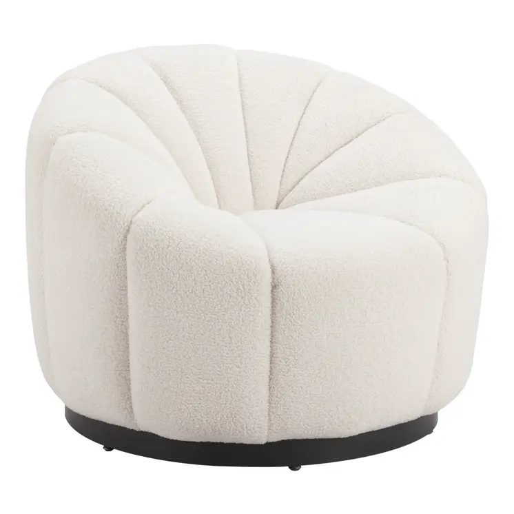 36" Cream And Black Faux Shearling And Upholstered Barrel Chair