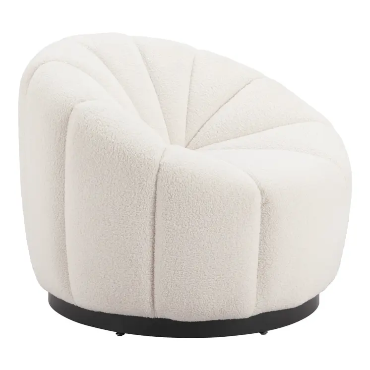 36" Cream And Black Faux Shearling And Upholstered Barrel Chair