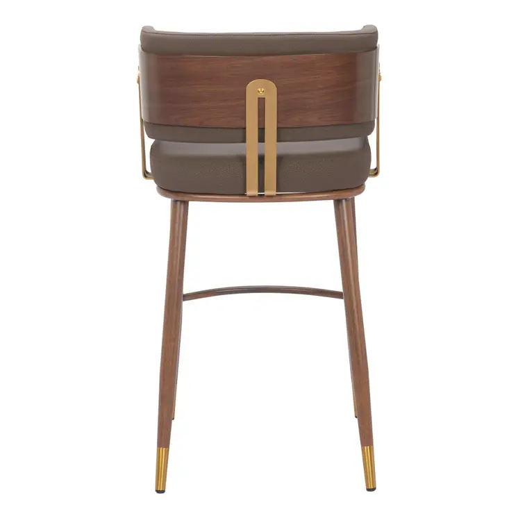 30" Brown Gold and Walnut Steel and Faux Leather Low Back Bar Height Bar Chair