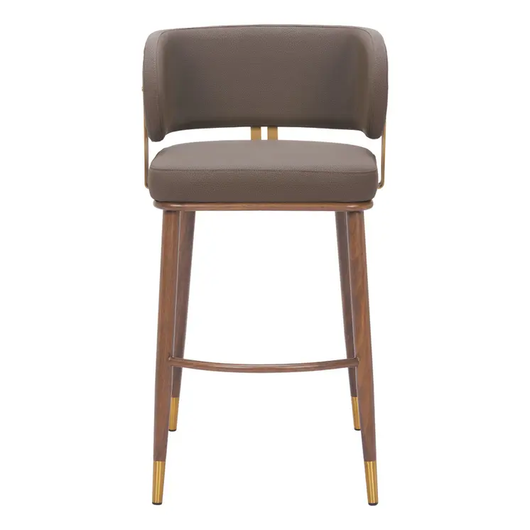 30" Brown Gold and Walnut Steel and Faux Leather Low Back Bar Height Bar Chair
