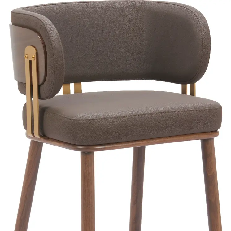 30" Brown Gold and Walnut Steel and Faux Leather Low Back Bar Height Bar Chair