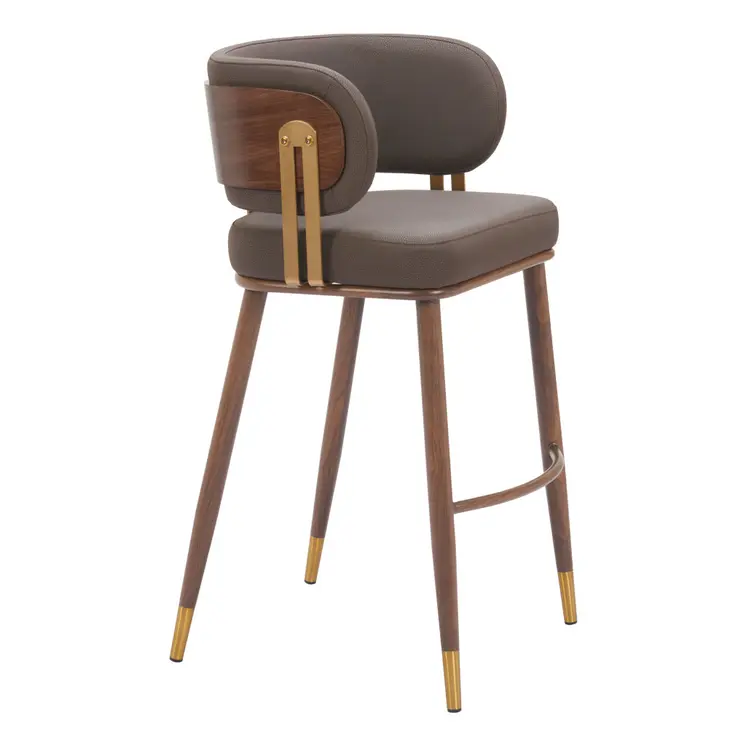 30" Brown Gold and Walnut Steel and Faux Leather Low Back Bar Height Bar Chair