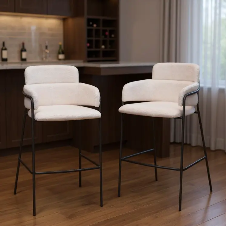 Set of Two 30" Cream and Black Faux Shearling and Steel Bar Height Bar Chairs