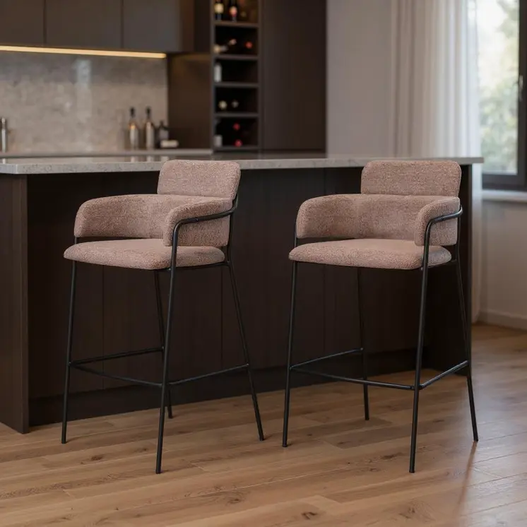 Set of Two 30" Brown and Black Faux Shearling and Steel Bar Height Bar Chairs