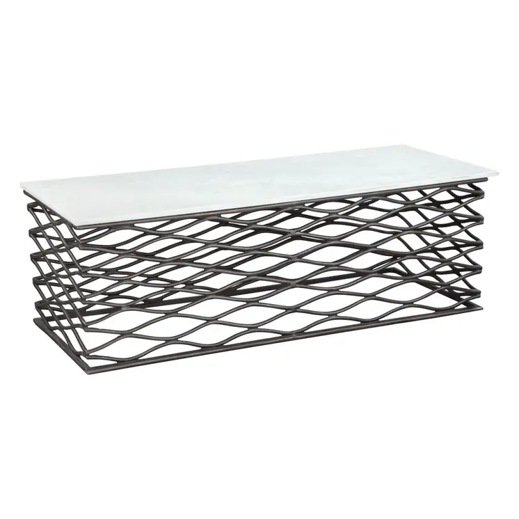 50" White and Antiqued Bronze Genuine Marble and Aluminum Abstract Coffee Table